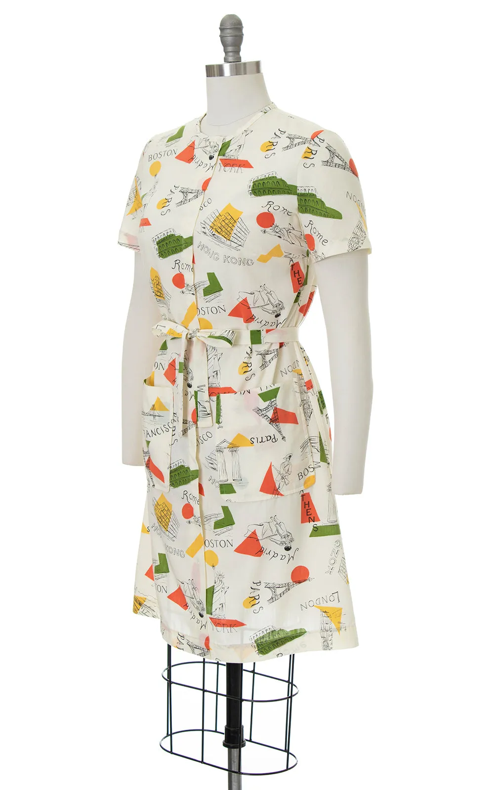 1960s City World Travel Novelty Print Belted Dress | small/medium