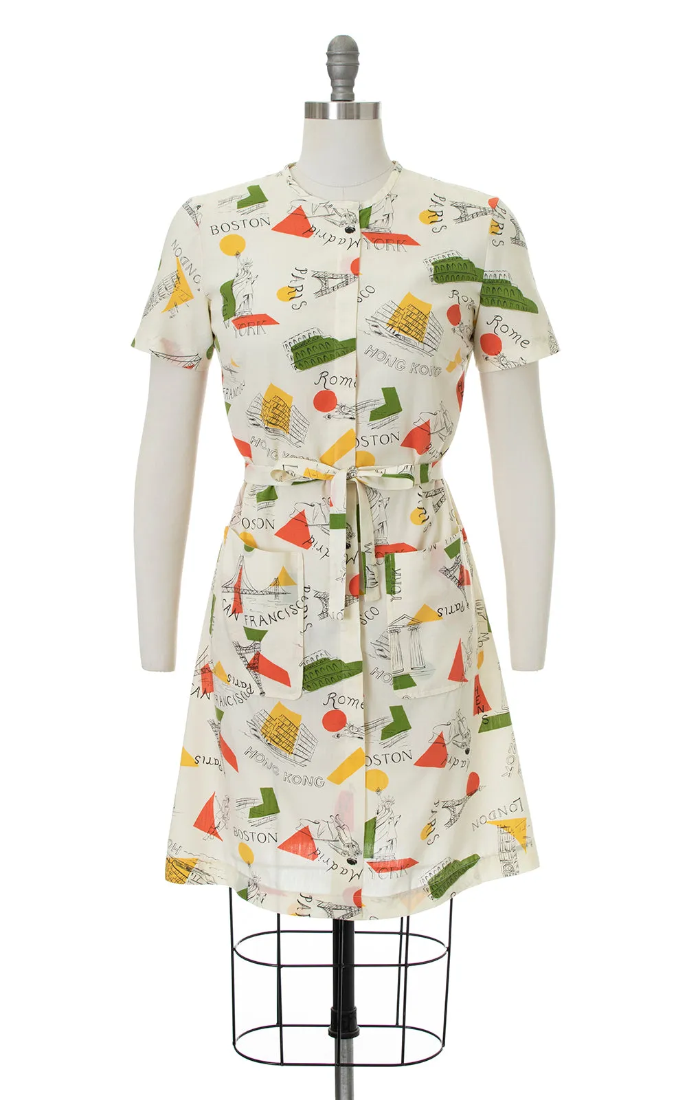 1960s City World Travel Novelty Print Belted Dress | small/medium