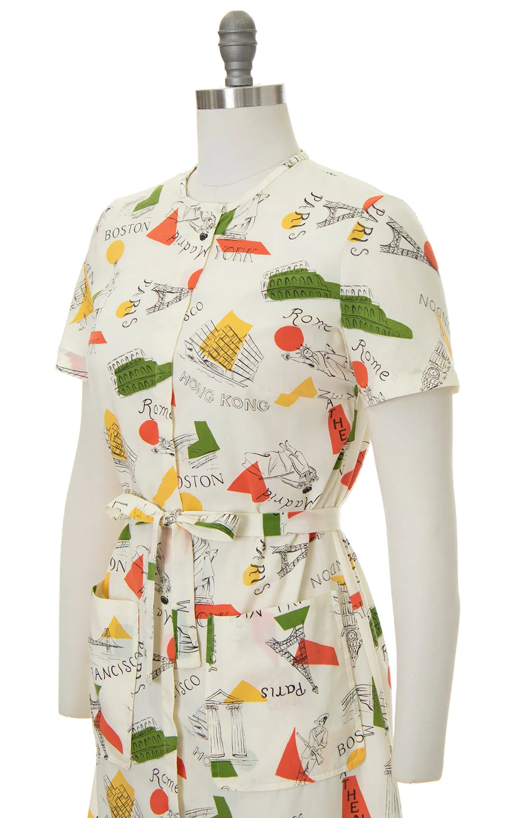 1960s City World Travel Novelty Print Belted Dress | small/medium