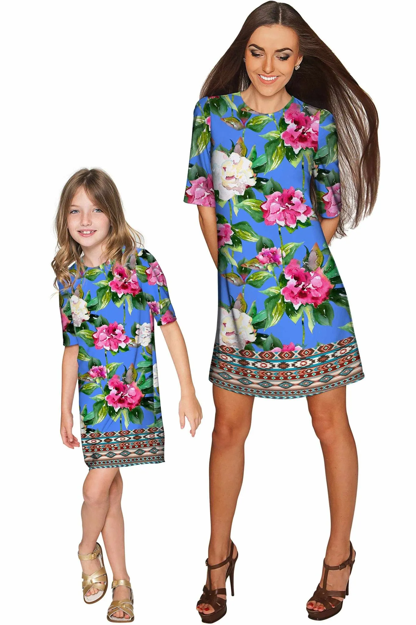 Aquarelle Grace Blue Floral Print Shift Party Dress - Girls