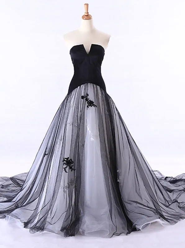 Colored Wedding Dresses,Black Wedding Dress,Strapless Wedding Gown,Tulle Wedding Gown,WD00115