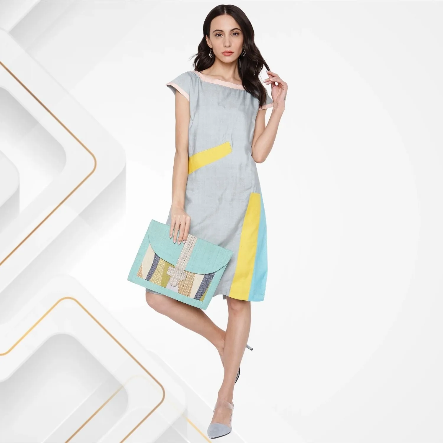 Estrella Tussar Shift Dress | Colour Block | Office Wear | Get Togethers | Stylish | Grey