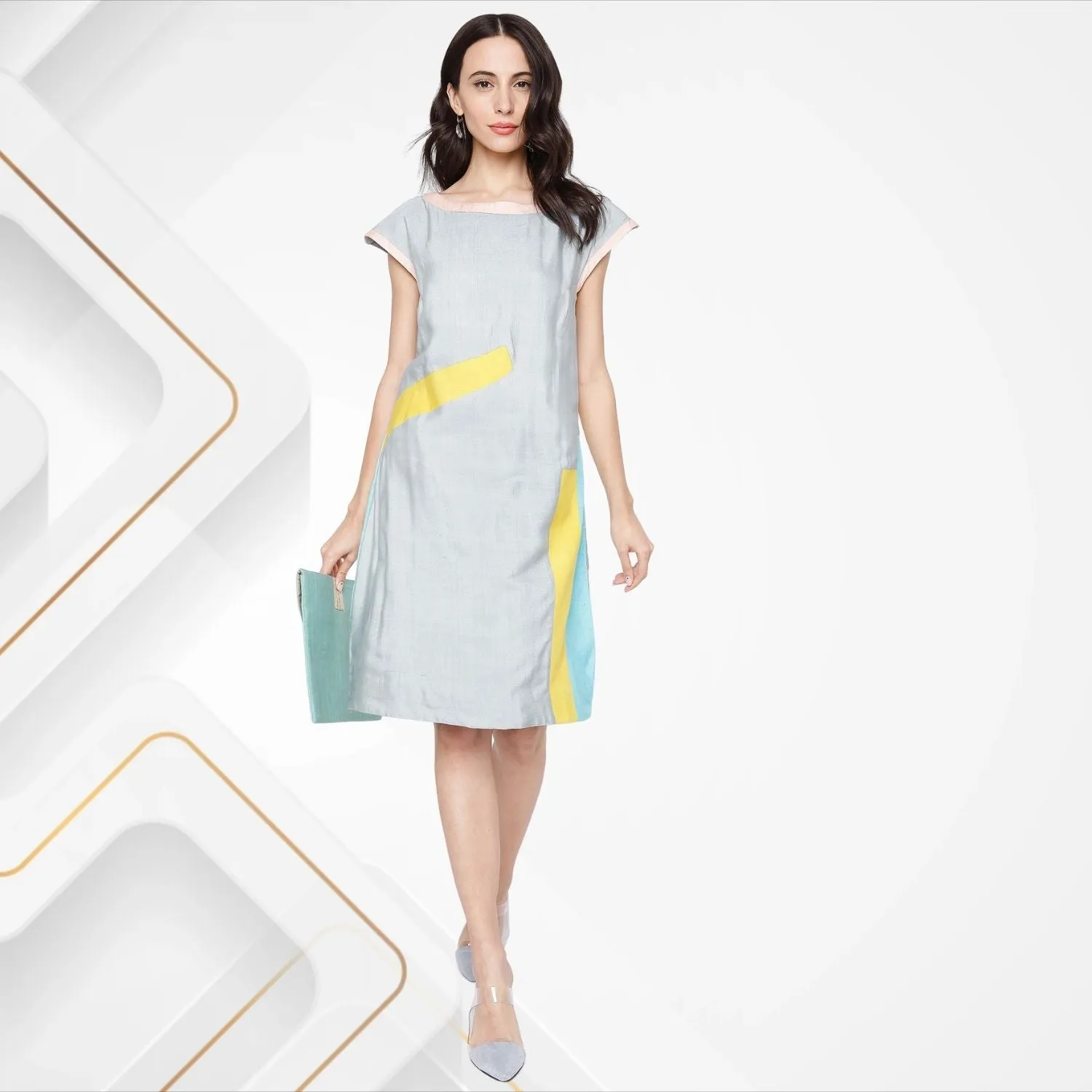 Estrella Tussar Shift Dress | Colour Block | Office Wear | Get Togethers | Stylish | Grey