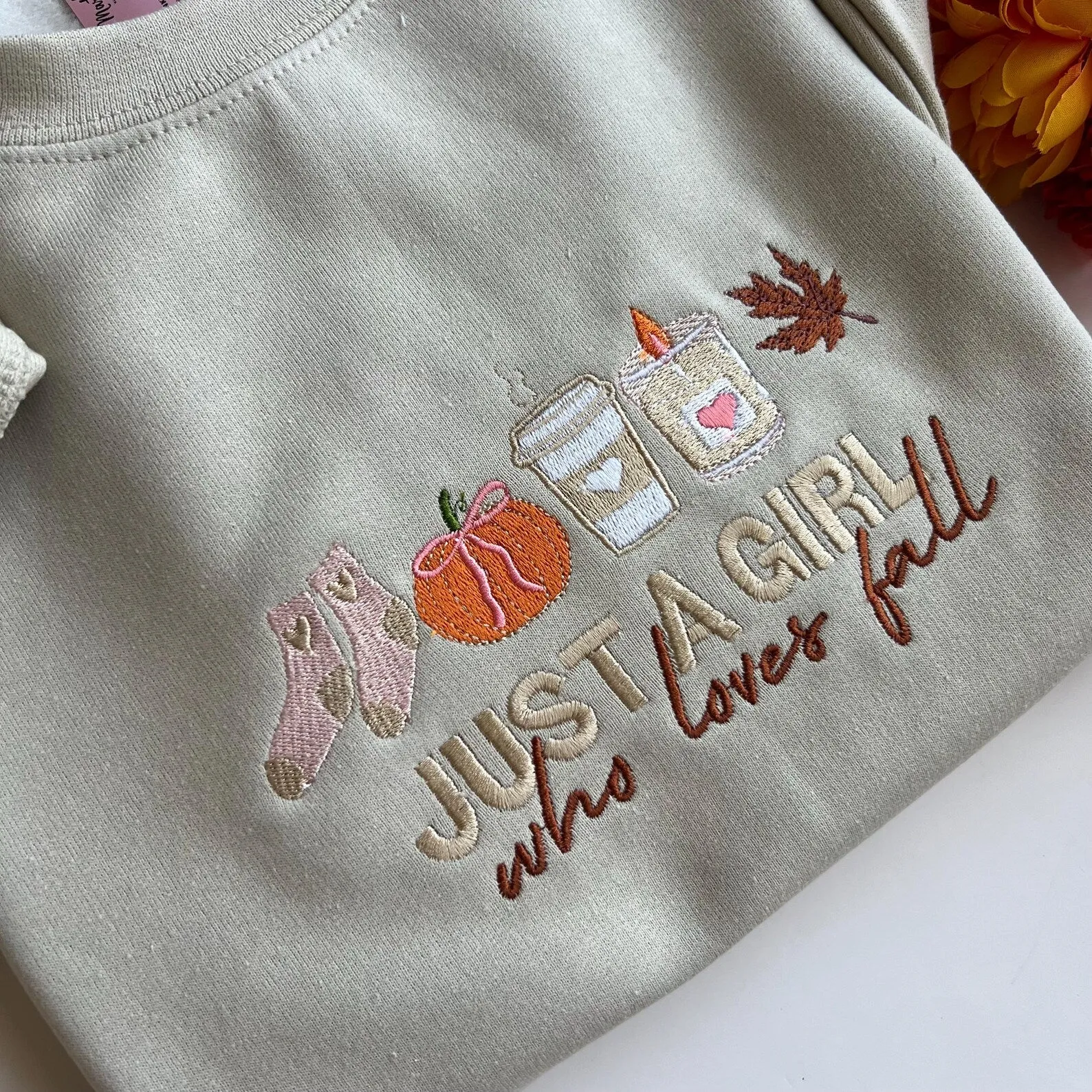 Just a girl who loves fall embroidered crew neck , fall flowers , Autumn crew neck , bff matching crew neck , pull up sweaters, gift ideas emha0709
