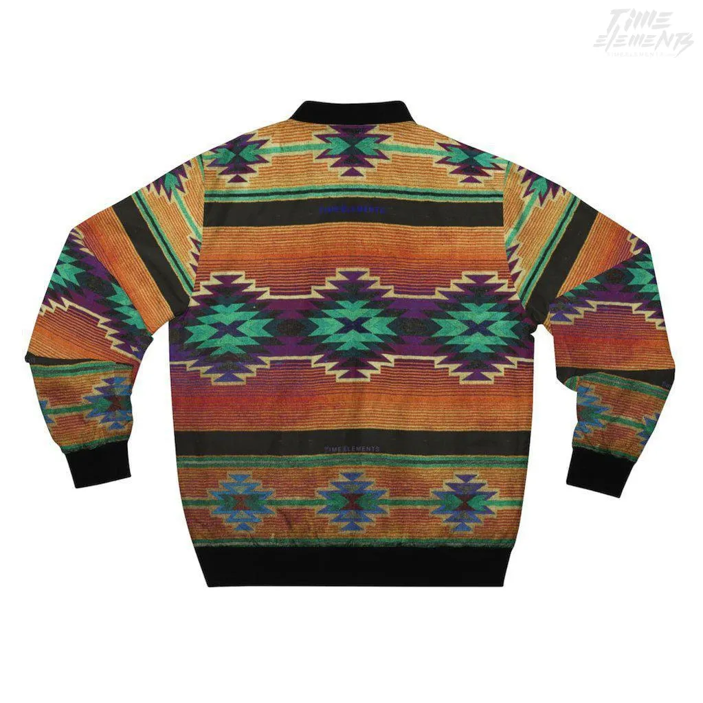 Native American Bomber Jacket with Burnt Amber Green Shamanic Tribal Pattern