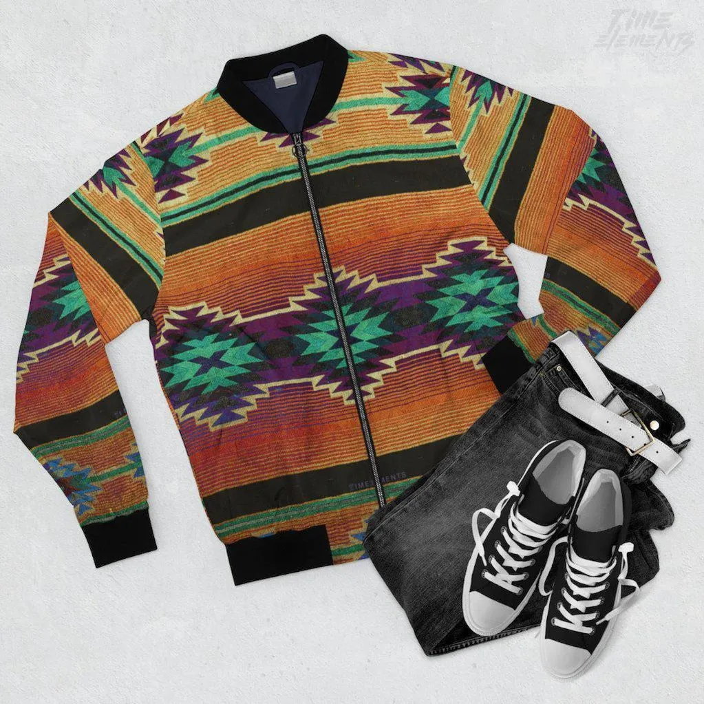 Native American Bomber Jacket with Burnt Amber Green Shamanic Tribal Pattern