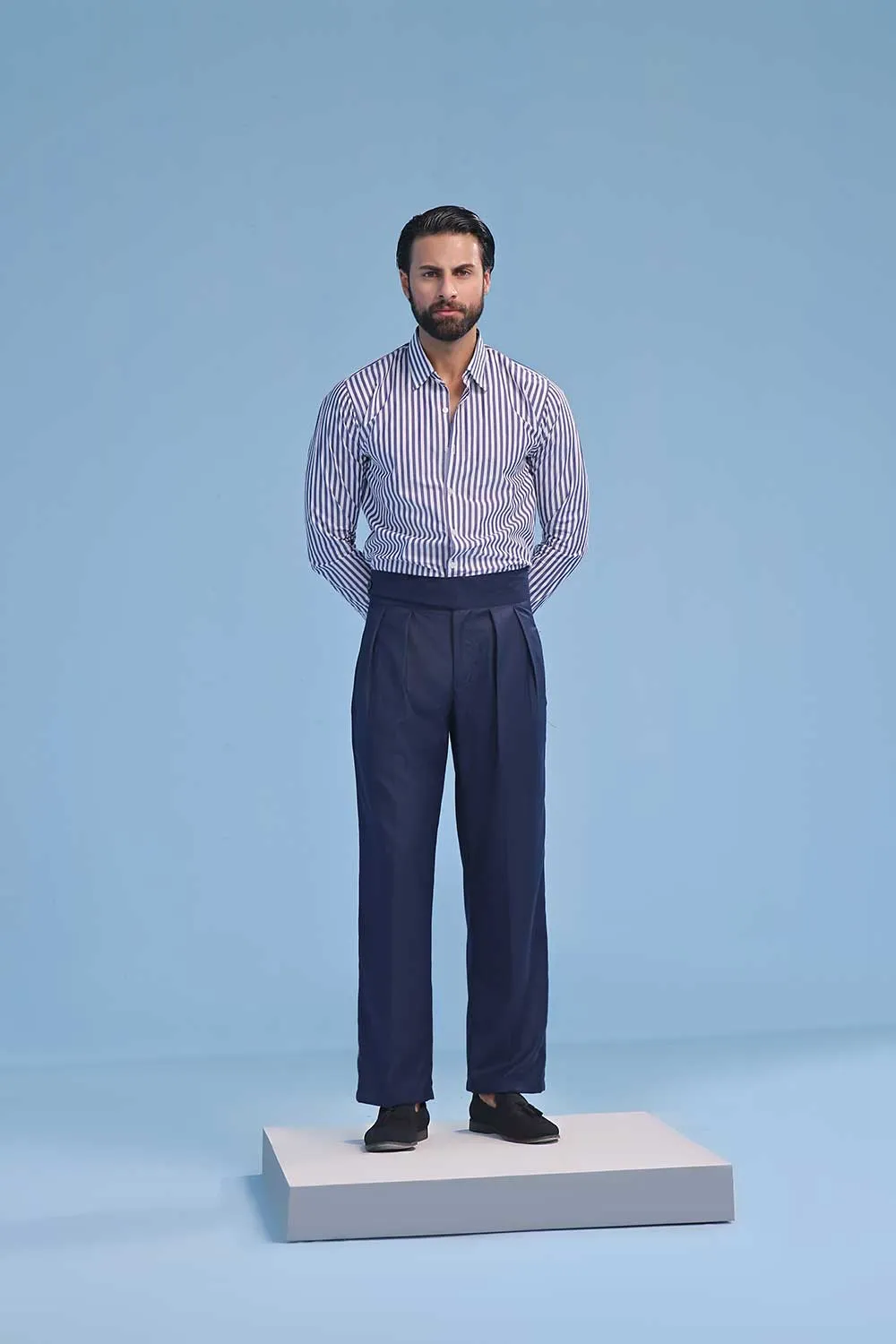 Navy Blue High Waisted Wide Leg Side Tab Trousers
