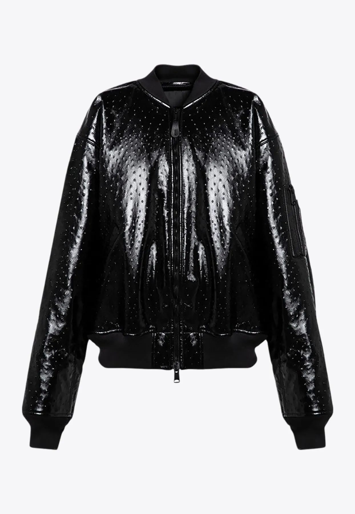 Ostrich-Effect Leather Bomber Jacket