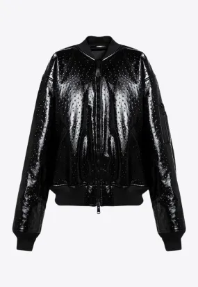 Ostrich-Effect Leather Bomber Jacket
