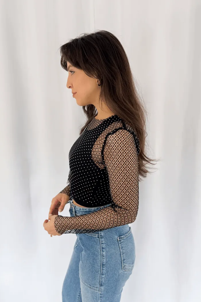 Rhinestone Mesh Top in Black