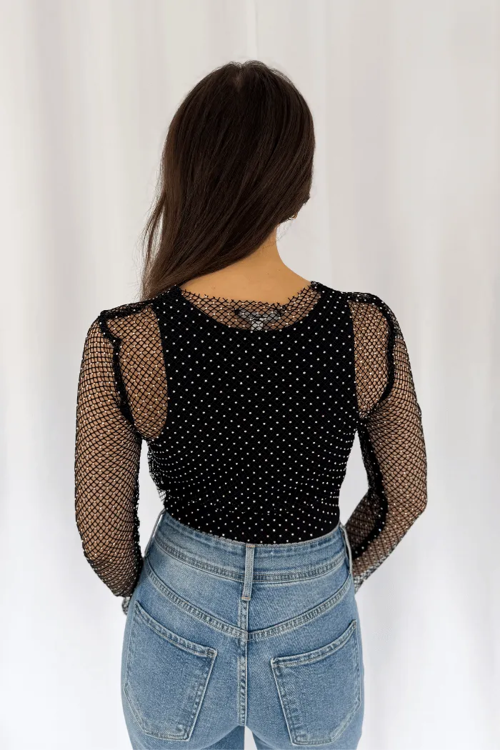 Rhinestone Mesh Top in Black