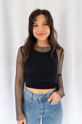 Rhinestone Mesh Top in Black