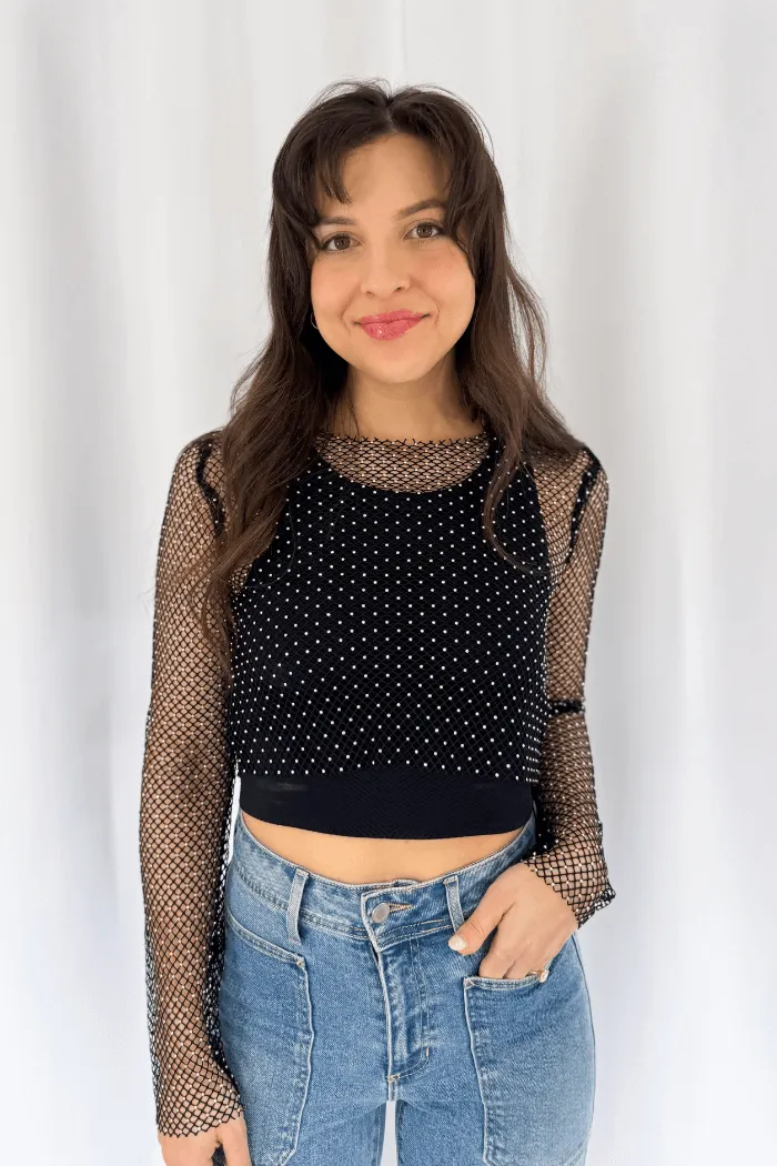 Rhinestone Mesh Top in Black