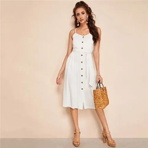 SHEIN Boho Button Up Solid Cami Belted Summer Dress