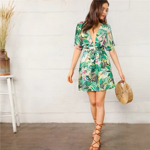 SHEIN Boho Deep V Neck Open Back Chain And Tropical Print Sexy Dress