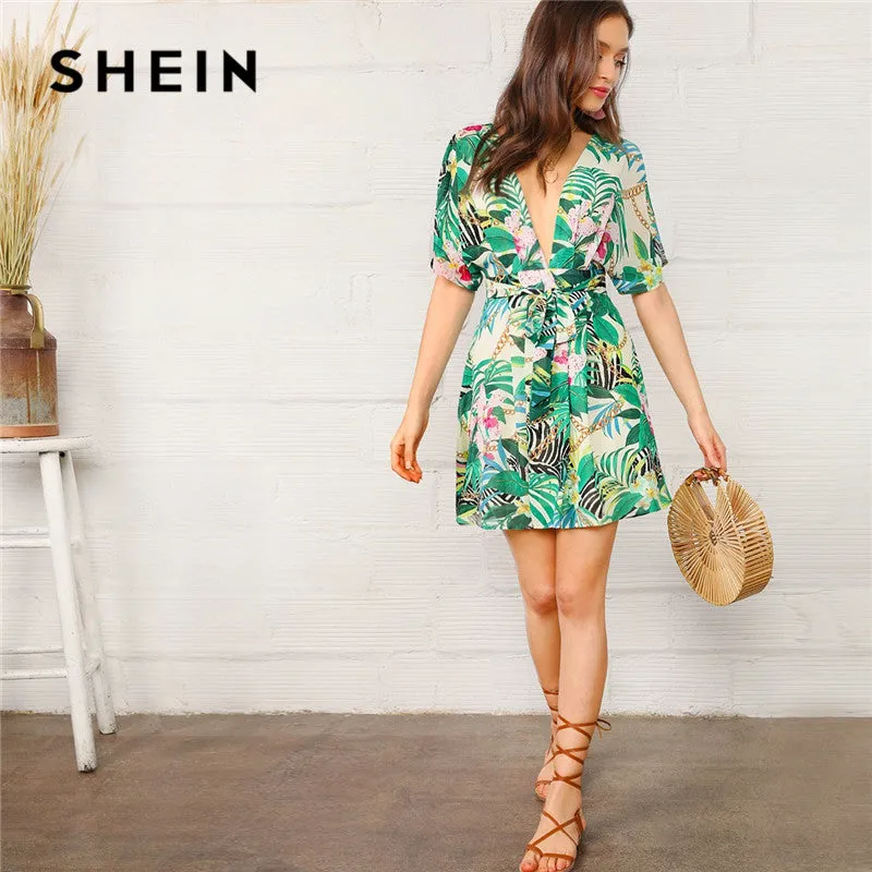 SHEIN Boho Deep V Neck Open Back Chain And Tropical Print Sexy Dress