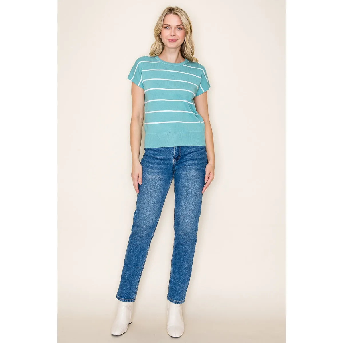 Short Sleeve Striped Crew Sweater