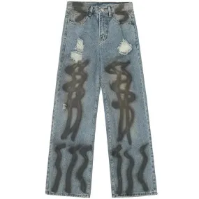 Sneakerhill® Baggy Ripped Wide Leg Jeans Black Graffiti