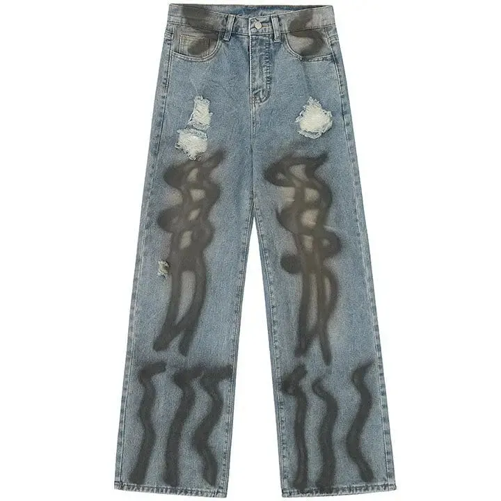 Sneakerhill® Baggy Ripped Wide Leg Jeans Black Graffiti