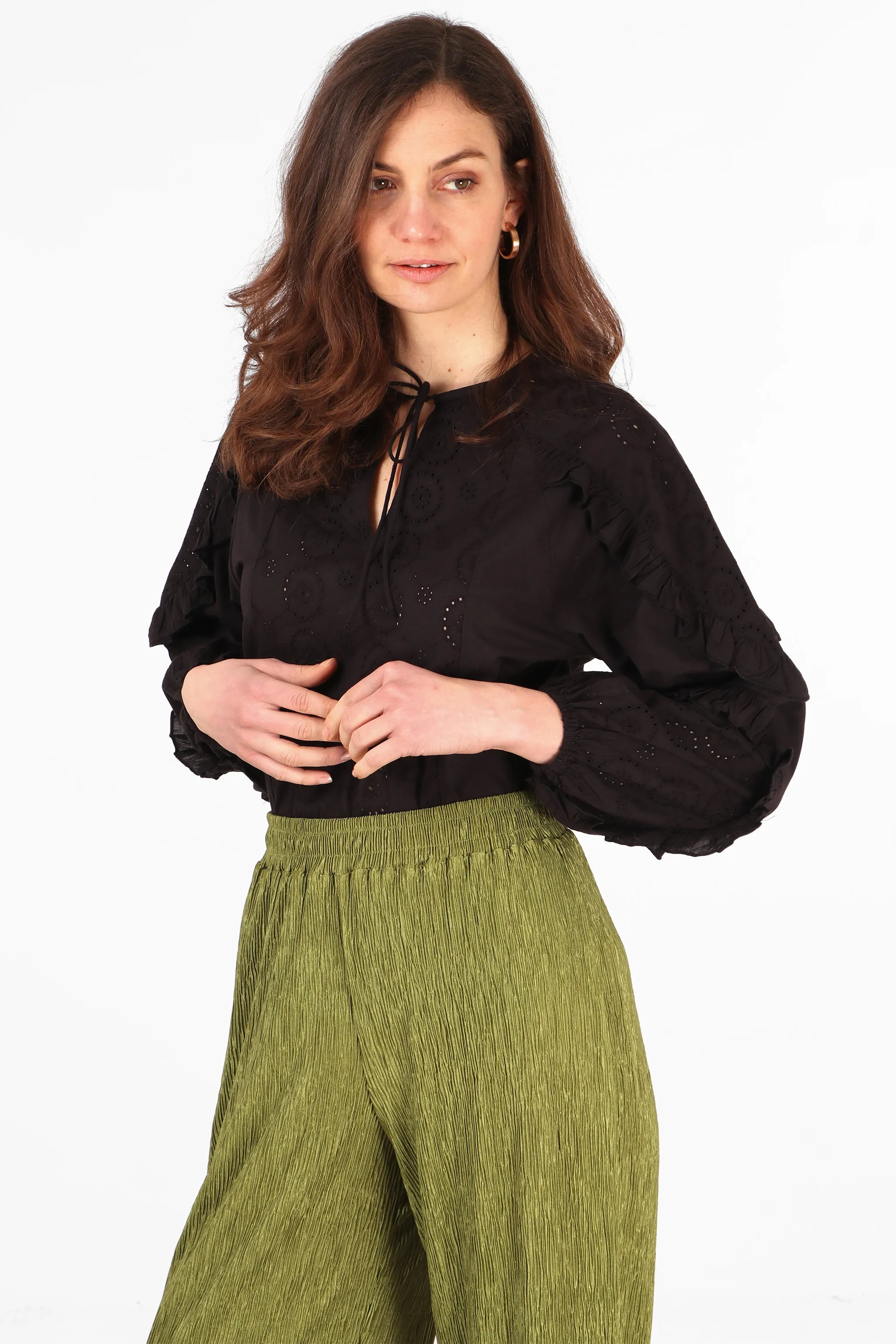 Wide Leg Plisse Trousers with Elastic Smocked Waist in Olive Green