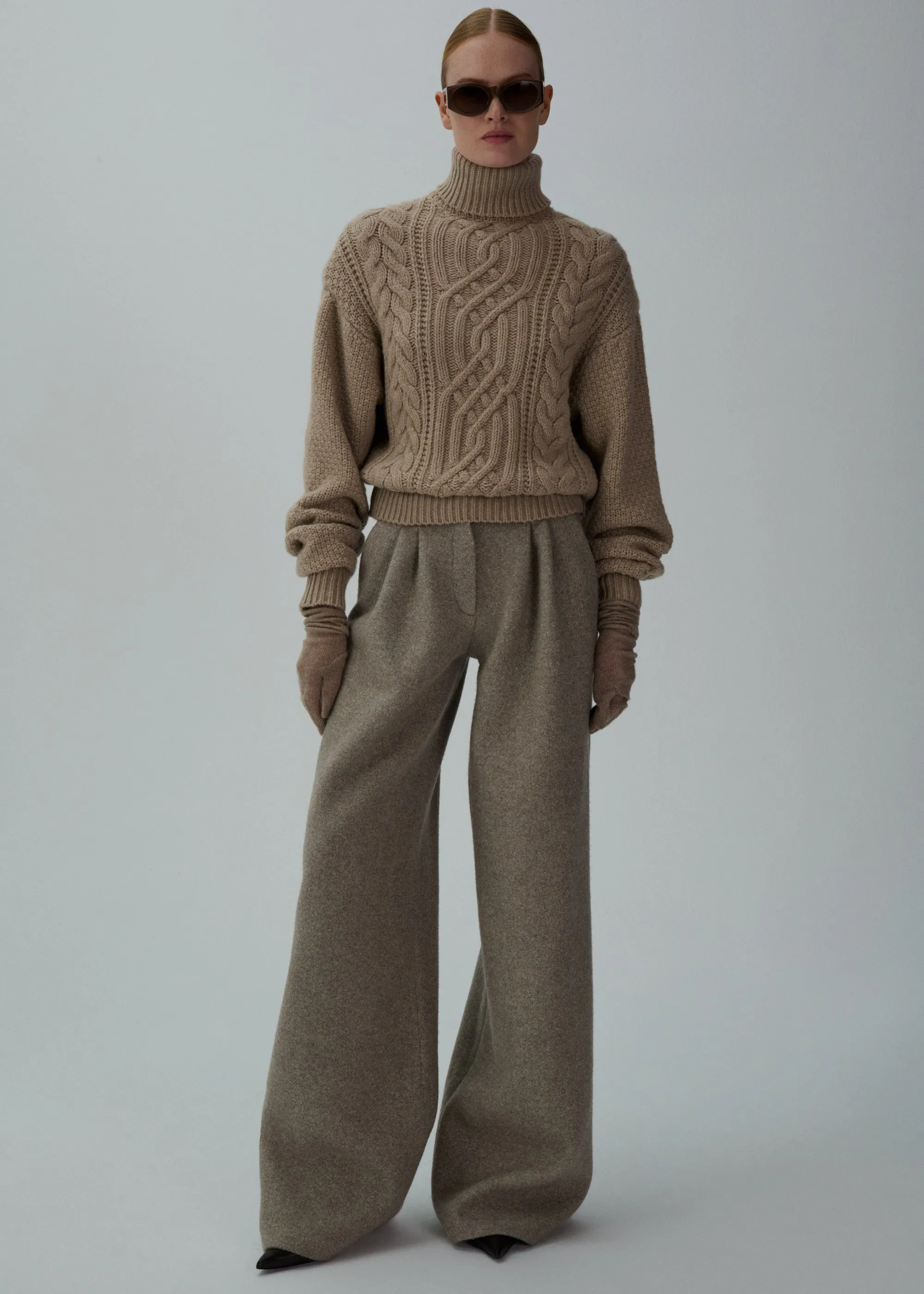 Wide-leg tailored wool pants in beige