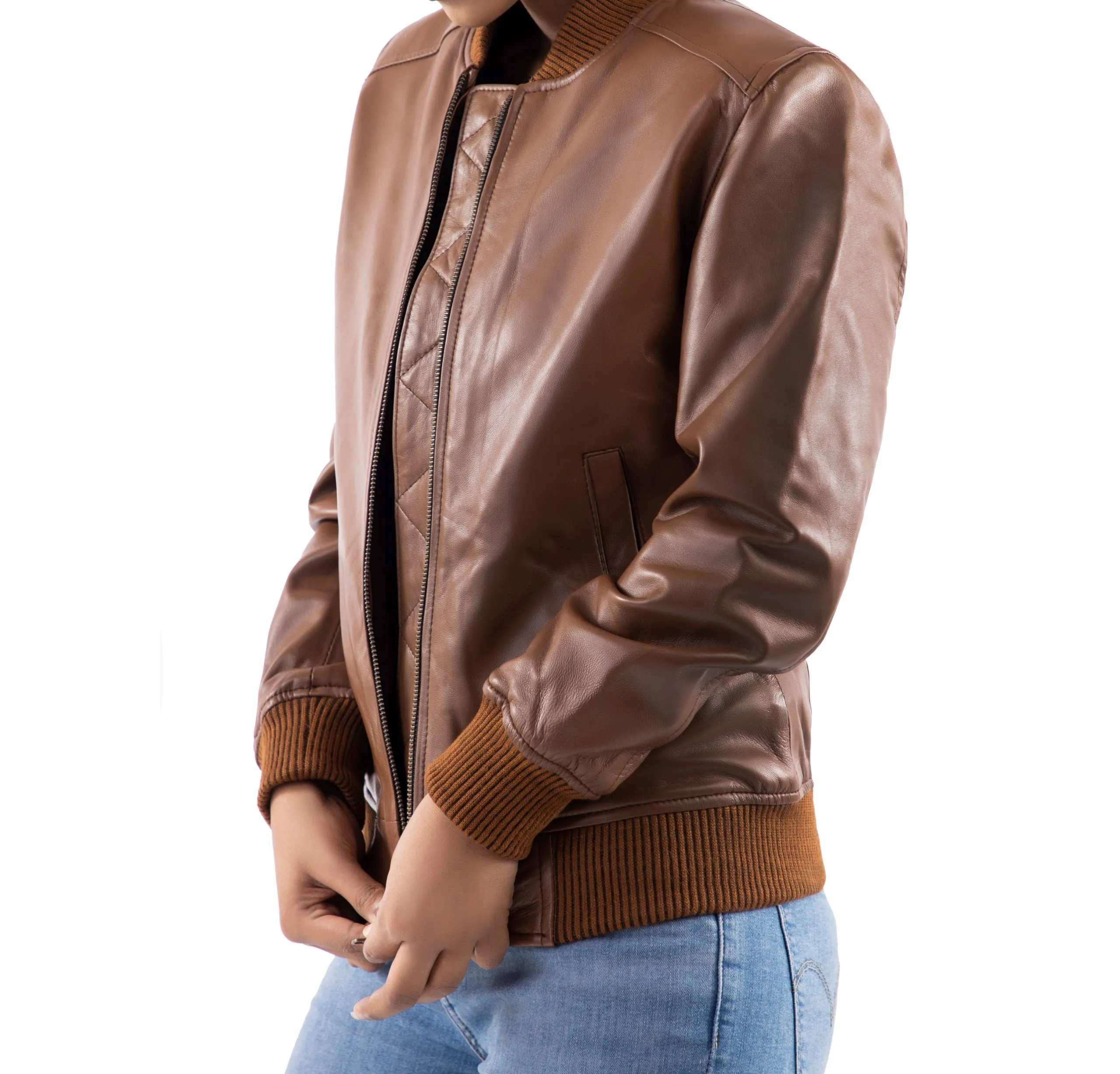 Women's Classic Baseball Cognac Leather Bomber Style Jacket
